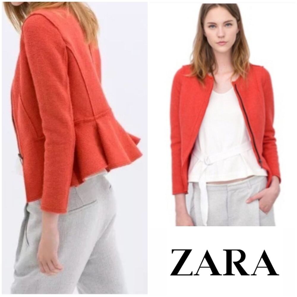 Zara Wool Blend Bright Red Peplum Full Zip Blazer Jacket XS